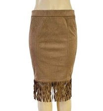 Artisan Tan Fringe Straight Skirt Boho Western Faux Suede Neutral Basic Size 4