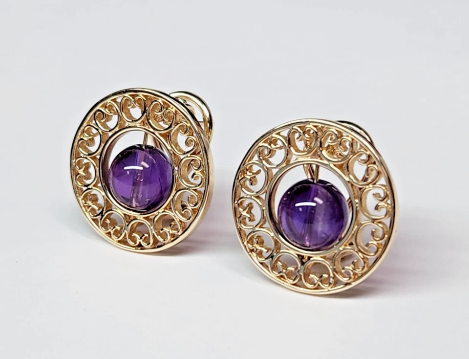 INCRÍVEL Brincos de Arame Extravagantes Circulares de Ouro 14 quilates com Ametista 20 mm - Imagem 3 de 4