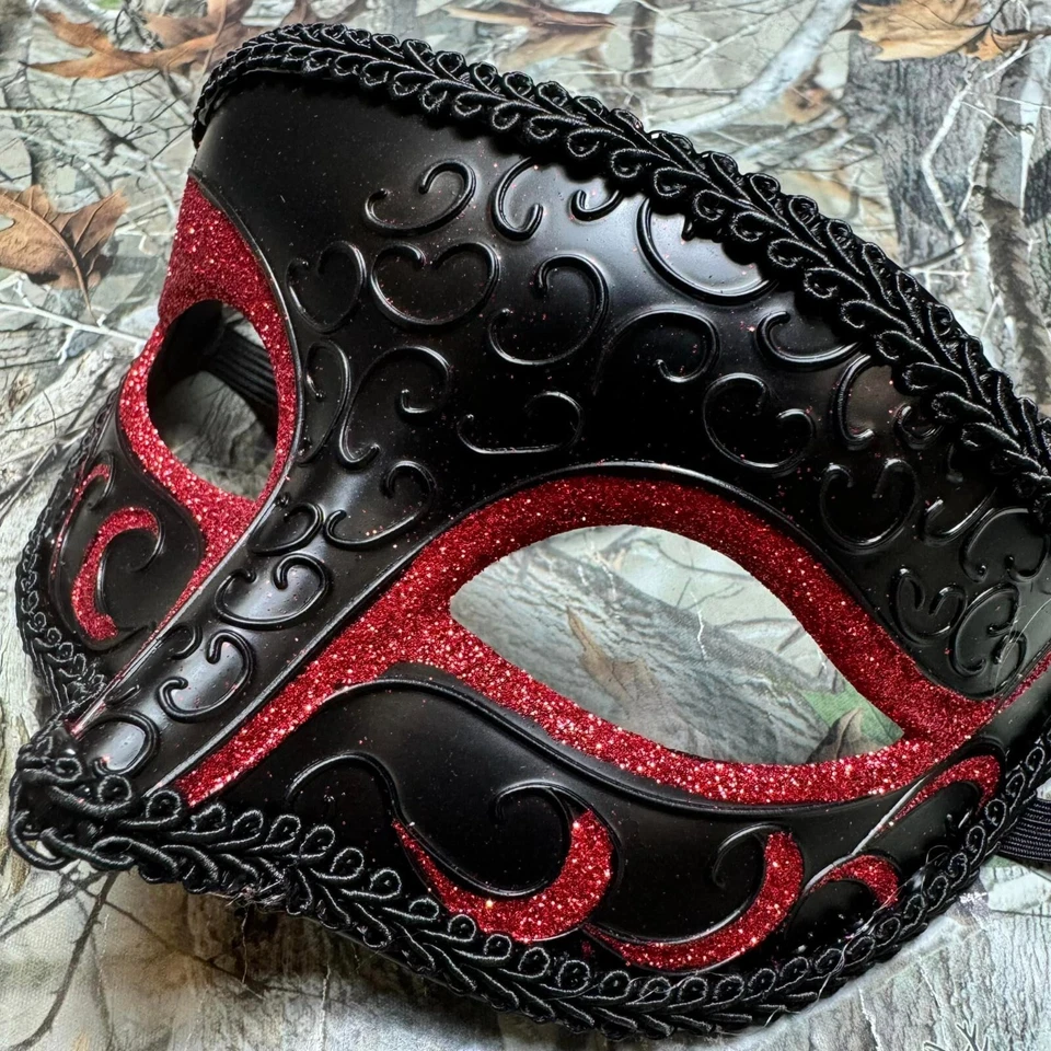 Black with Red Glitter Charming Men's Masquerade Ball Mask - Image 4 of 4