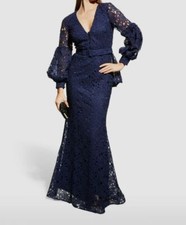 $1190 Badgley Mischka Womens Blue V-neck Puff-sleeve Lace Peplum Gown Dress Sz 0