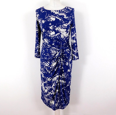 Phase Eight marineblau creme Selina Druck Kleid Größe 12 geraffte Taille Stretch brandneu