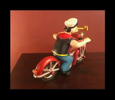 VINTAGE POPEYE THE SAILOR MAN ON MOTORCYCLE HAND PAINTED CAST IRON