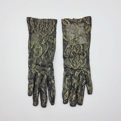 Gucci Women's Black/Metallic Gold Lace Floral Tulle Gloves 8/L