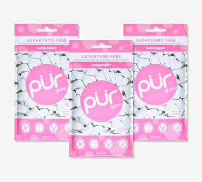 PUR Xylitol Chewing Gum BUBBLE GUM (55 Pieces, 3 Pack) Sugarless Vegan Bubblegum