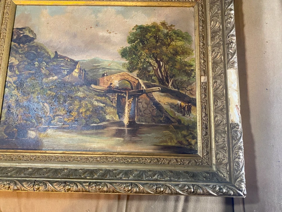 Antigua pintura al óleo sobre lienzo "Paisaje con escena de hogar y figuras" - Enmarcada Foto 4 de 4