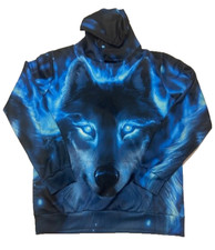 Men's 3D Wolf All Over Print Blue Hoodie Long Sleeve Pockets - Size S/M