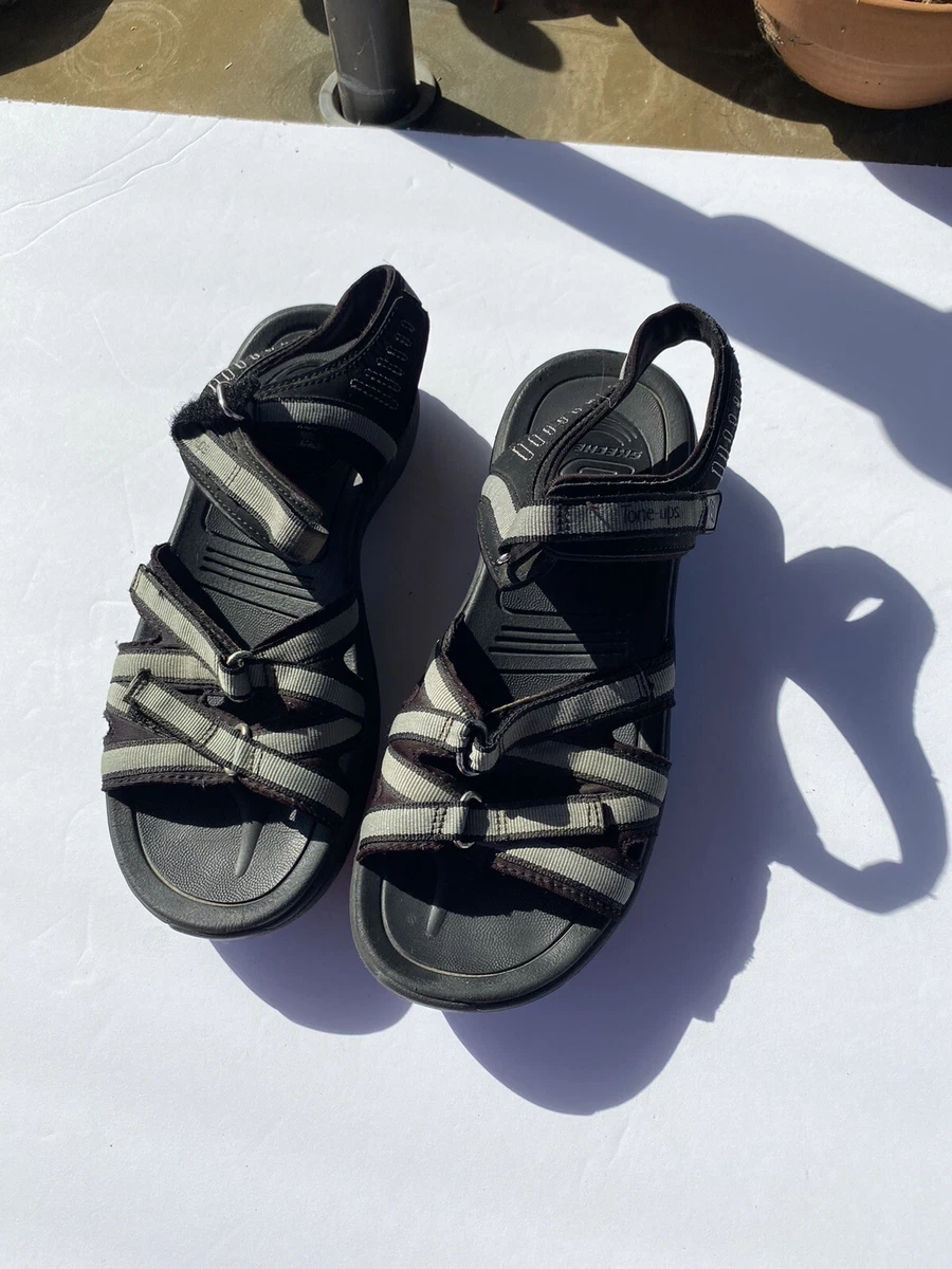 Skechers Tone Ups Ready Set Go Double Step Sandals Sz 6 Black/Gray | eBay