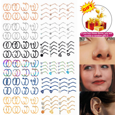 2-32Pcs 20G Nose Ring Hoop L Bend Nose Stud Surgical Steel Gem Piercing Jewelry