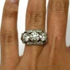 Art Deco Round Lab Created Diamond Three-Stone Wedding 14K White Gold FN Ring