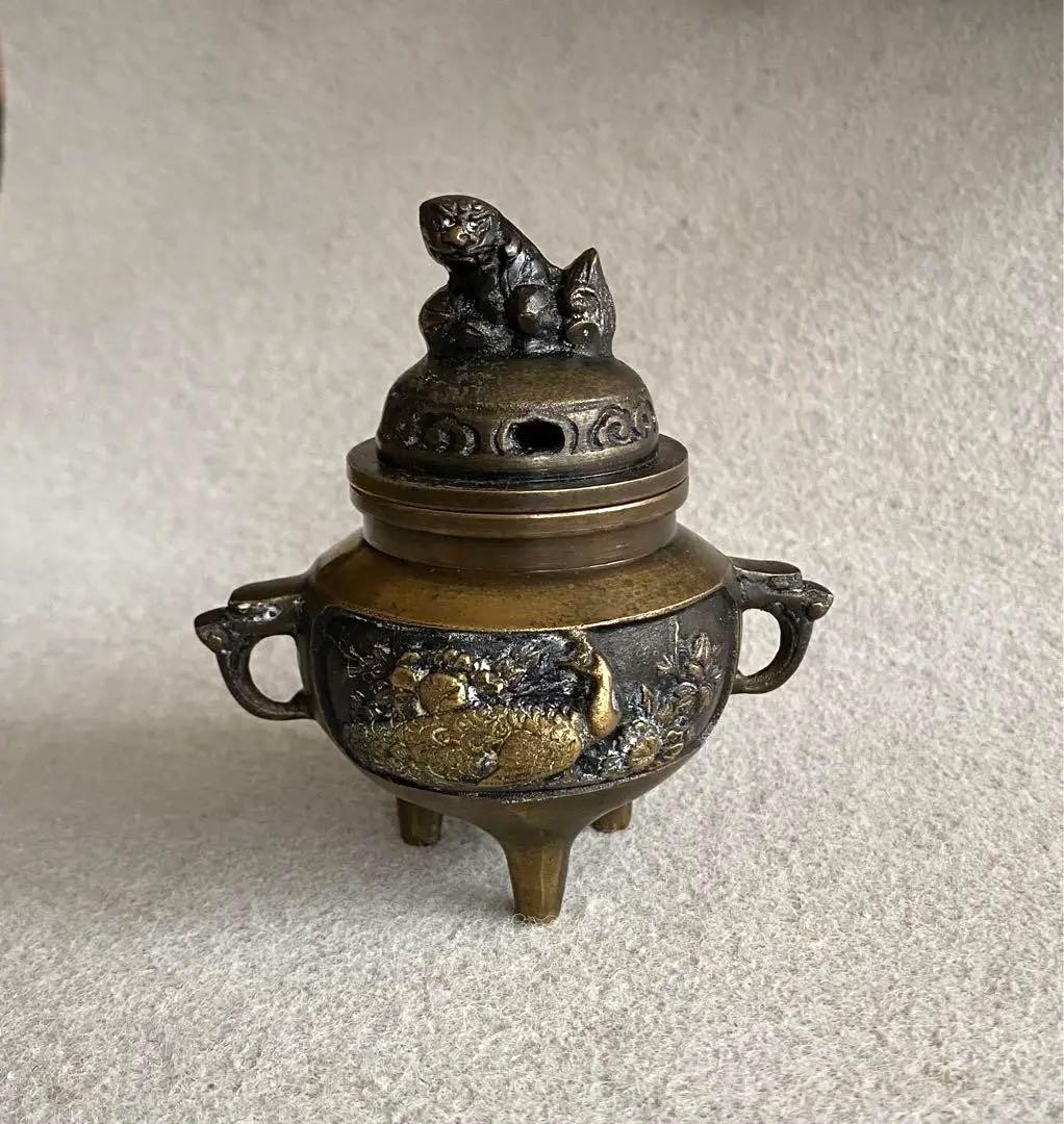 Japanese Bronze Incense Burner Vintage Metal Censer Lion Shishi Bird 4.1 inch