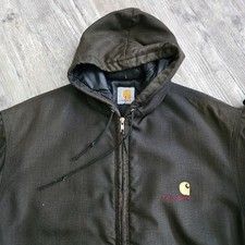 Vintage CARHARTT Hooded Jacket Men J21 Work Wear Canvas Quilted 90s Size Large