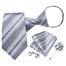 Mens Zipper Tie,Silk Paisley Solid Plaid Pre-tied Tie and Pocket Silver Grey