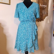 Francescas Jun & Ivy Faux Wrap Ditsy Floral Blue Teal Ruffle Dress Womens Medium