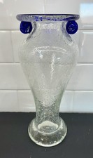 Clear Blown Art Glass Vase With Cobalt Blue Edge  Scrolled Handles 10" H