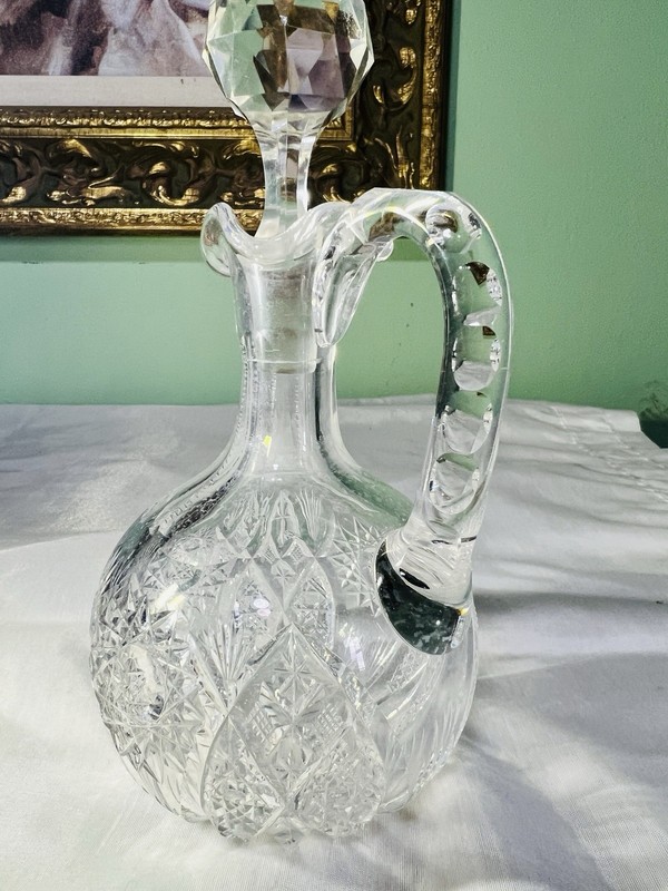 American Brilliant Period Cut Glass Cruet - Notched Handle- Faceted Stopper 7” T