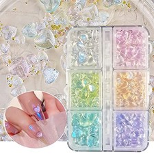 3D Aurora Heart Nail Charms,200 Pcs Shiny Heart Nail Art Gems 6 Colors Crystal