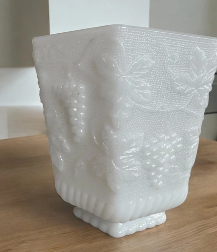 6.5" VTG Milk Glass Grapes Anchor Hocking Fire King Vase Planter USA Made