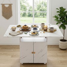 Extendable Kitchen Island on Wheels White Marble Effect Worktop Drop-Leaf Design