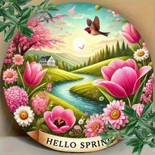 2D Flat, Round Metal Aluminum Door Sign - Hello Spring Floral Design with Pink P