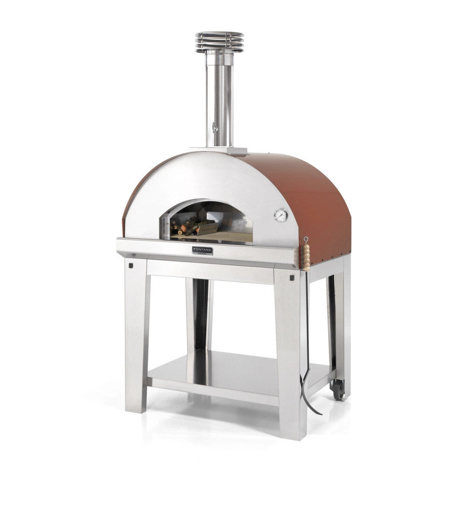 FORNO PIZZA A LEGNA CON CARRELLO FONTANA "MANGIAFUOCO" COLORE ROSSO 4 PIZZE