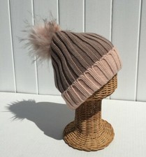 Women's Two-Tone Khaki / peach Rib Knitted Ski Beanie Hat with FAUX FUR POM C