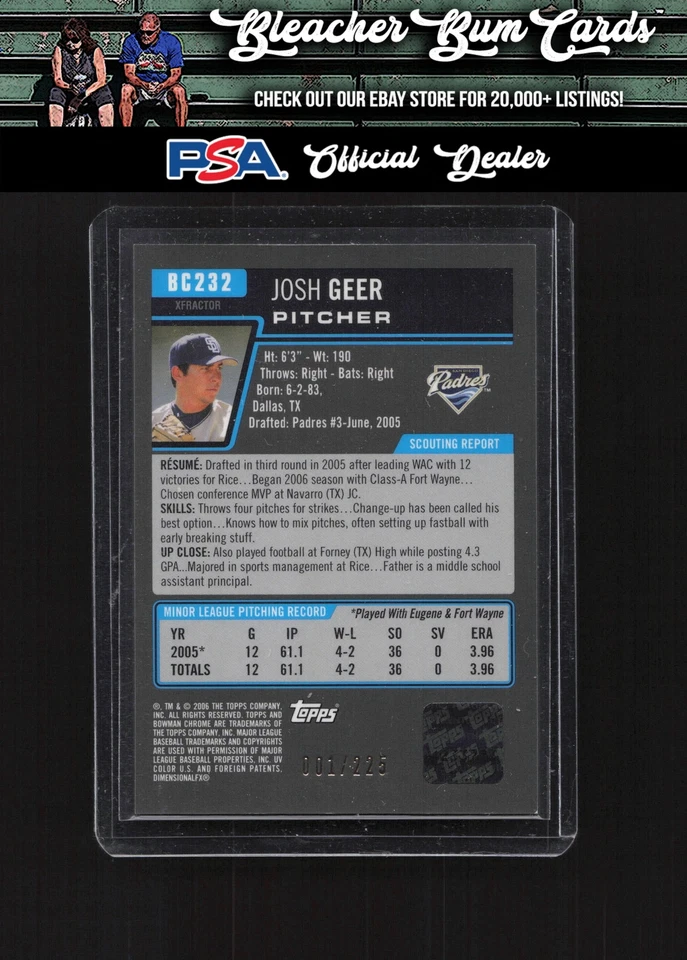 2006 Bowman Chrome BC232 Josh Geer Prospects X-Fractors Auto /250 - Image 2 of 2