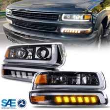 Pair Headlights For 1999-2002 Chevy Silverado 00-06 Tahoe LED DRL  Bumper Lamps