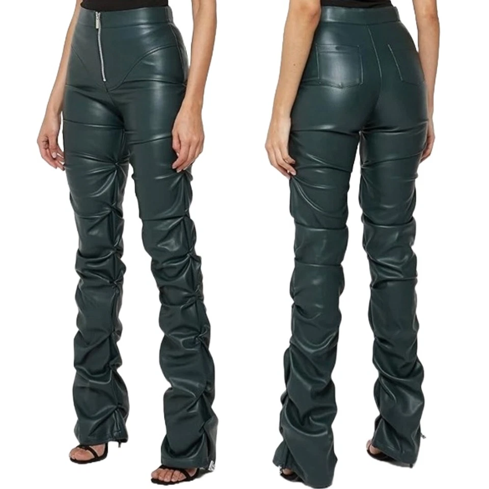 Maniere De Voir Tacked Vegan Leather Flared Trouser Size 6 Ruched High Rise Pant