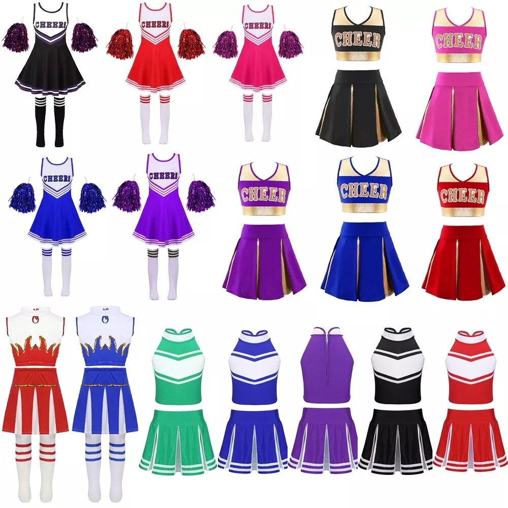 Girls Cheerleading Costume Cheer Leader Outfits with Pompom Socks Fancy  Dress up