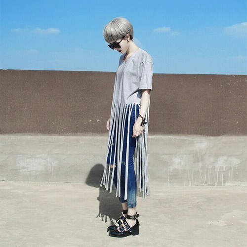 Womens Short Sleeve T-shirt w/ Long Tassels Fringe Top Tee Shirt Hippie Goth - Picture 9 of 15