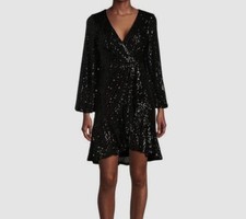 Eliza J Womens Black Sequinned Lined Faux-Wrap Fit & Flare Dress Sz 6