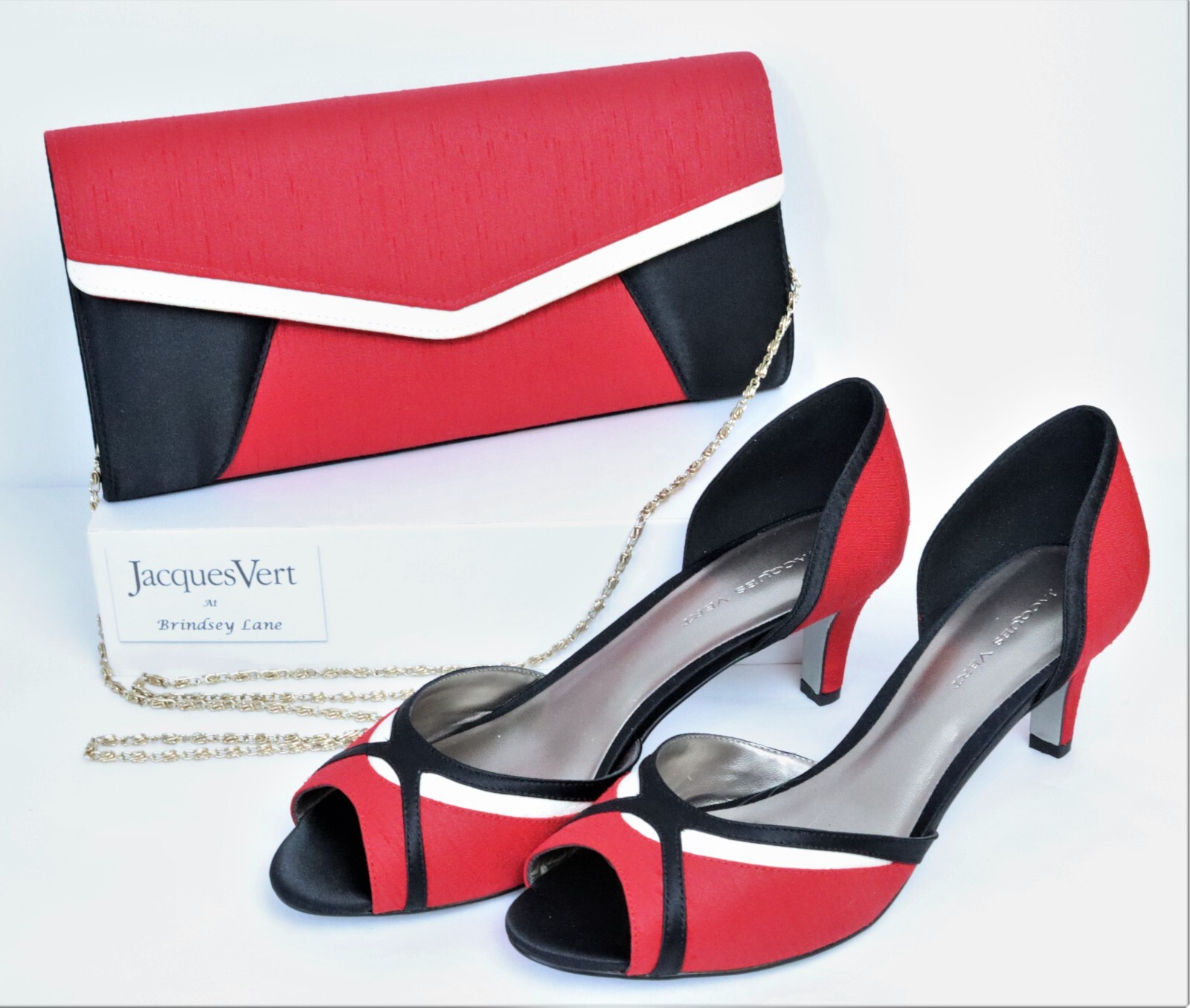NEW Jacques Vert Red Black Shantung Peep Toe Court Shoes 6 &  Matching Bag Used