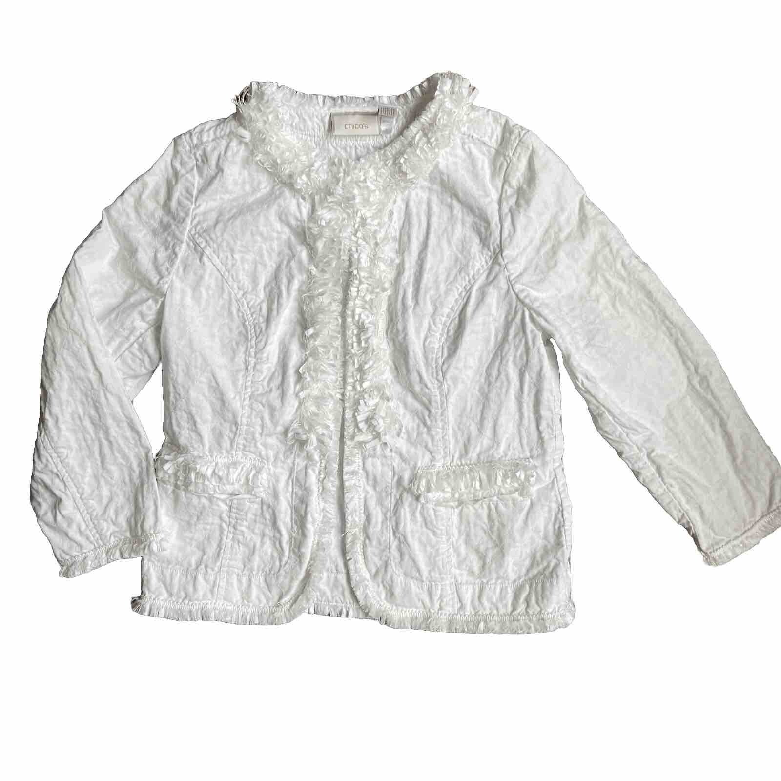 CHICOS Womens Jacket Quilted Fringe Pockets Light Linen Spring Boho Casual Small