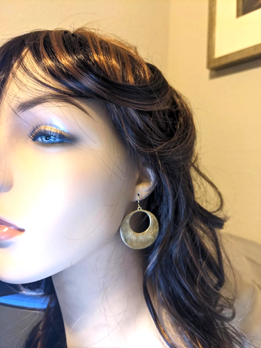 Gold Finished Brushed Circle Hook Dangle Earrings K - Picture 2 of 3