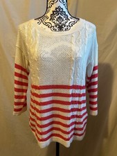 Made in the USA One A Women’s Large Sweater Soft Knit Natural with Coral Stripes
