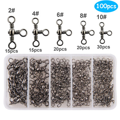 100pcs Three Way Cross-Line Barrel Fishing Swivels Set Triple T-Turn Swivels Kit
