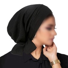 Solid Color Crinkle Turban Hijab Hats Long Tail Head Wraps Elastic Muslim Hats