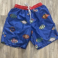 Tommy Hilfiger Fish Mens Swim Trunks Chrome Blue Elastic Drawstring Pockets Sz S