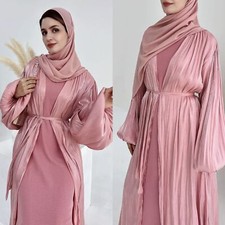Satin Muslim Women Open Abaya Cardigan Maxi Dress Turkey Dubai Kimoon Arab Robe