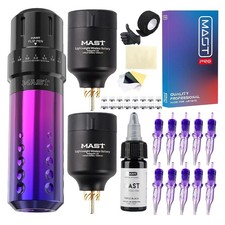 Mast Flip Tattoo Rotary Machine Wireless Pen Kit with 2 Batteries T1 Power Suppl