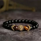 Tiger Eye Black Onyx Beaded Lion Charm Stretch Healing Strength Bracelet for Men