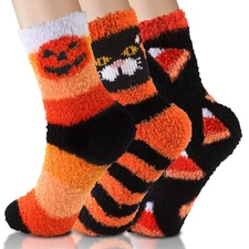 Vellibring 3 Pairs Halloween Fluffy Socks for Women MenCozy Fuzzy Pumpkin Cat...
