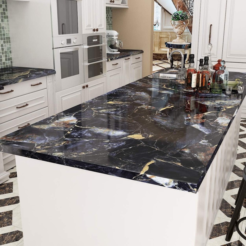 Self Check Pattern Blue Gem Marble Contact Paper Self Adhesive Peel and Stick Countertop ...