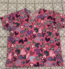 Just Love Womens XL Scrub Top Colorful Valentine Hearts Short Sleeve Uniform