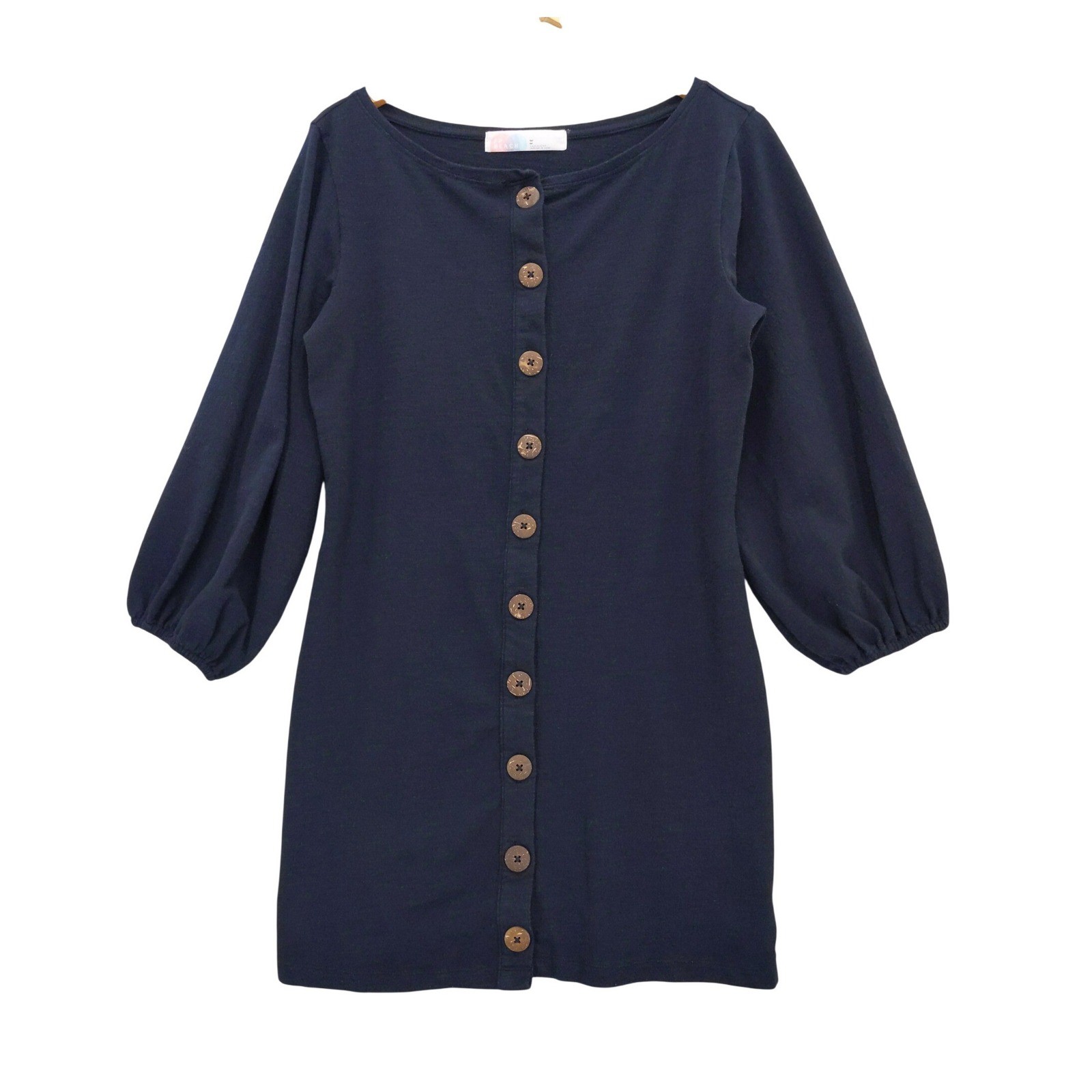 Free People FP Beach Dress Womens Medium Navy Blue Button Front Balloon Sleeve