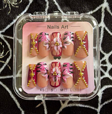 SALE  Floral Long Square Press-On Nails Pre-Designed Pink Nude Gold
