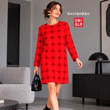 Marimekko x Uniqlo Red Circle Print Cotton Dress Girls 160 Womens XS-S Pockets