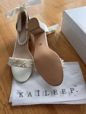 Kailee P Ivory Satin Block Heel Wedding Shoes w Pearl Strap and Pearl Appliqu 