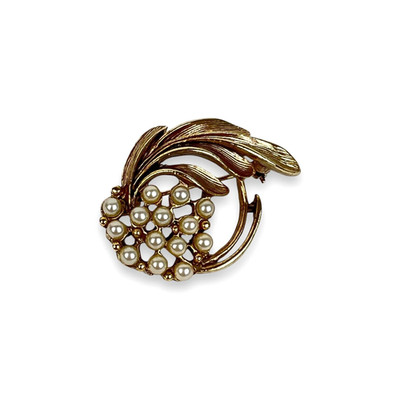 Vintage Faux Pearl Brooch Pin Floral Leaf Spray Swirl Brushed Texture Gold Tone