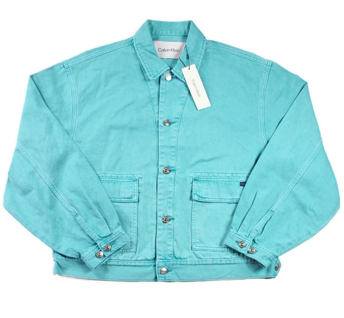 Calvin Klein Mens Jacket XL Trucker Jeans Denim Button Front Blue Wash $118 NEW